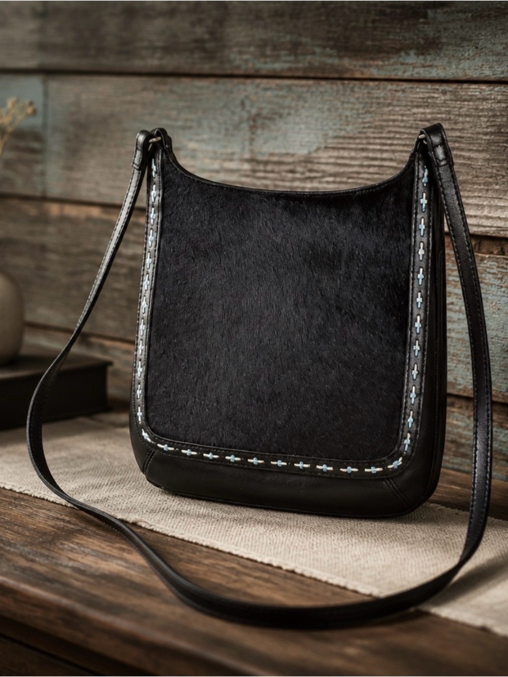 Medium Chic Blue and Black fur western Crossbody Bag for Everyday Use